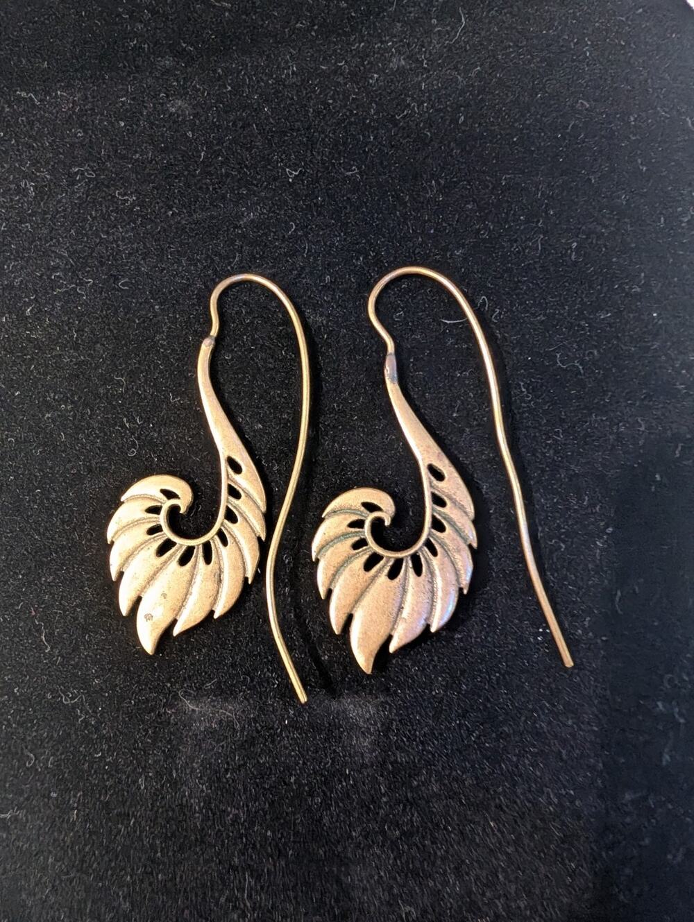 Brass Earrings Vintage Tribal Brutalist Swirl Feather 2" Dangle